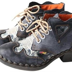 TMA EYES Womens Leather Ankle Boots Shoes Size 41 US 9 Floral Newspaper Printed